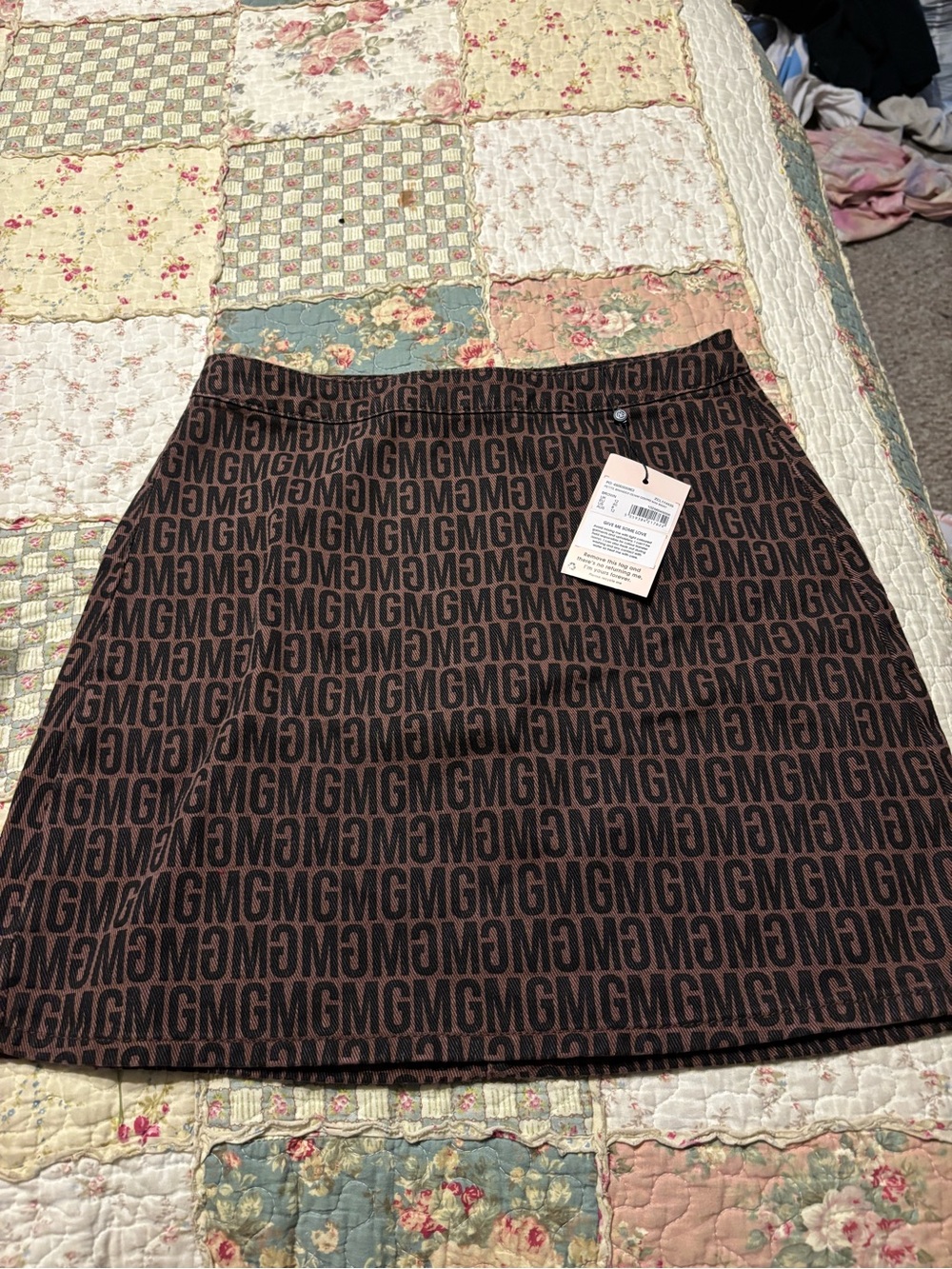 Missguided denim Brown Monogram Mini Skirt size 8